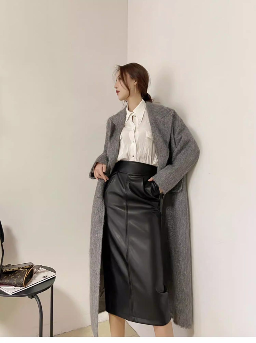PU Slit Midi Skirt_HL3880