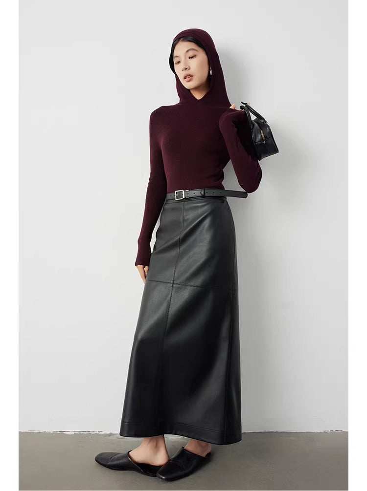 Retro high-waisted PU leather skirt_BDHL5299