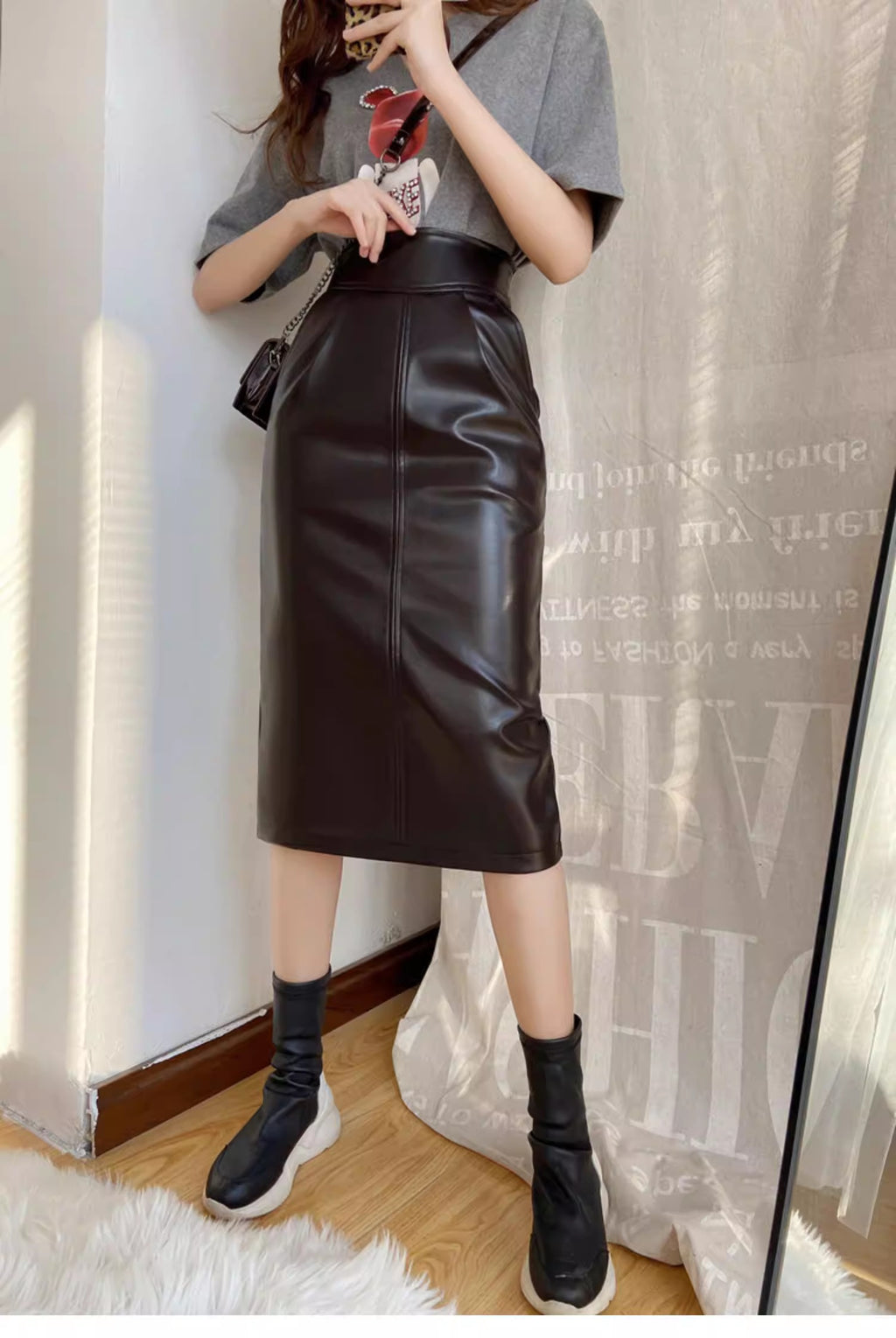 PU Slit Midi Skirt_HL3880