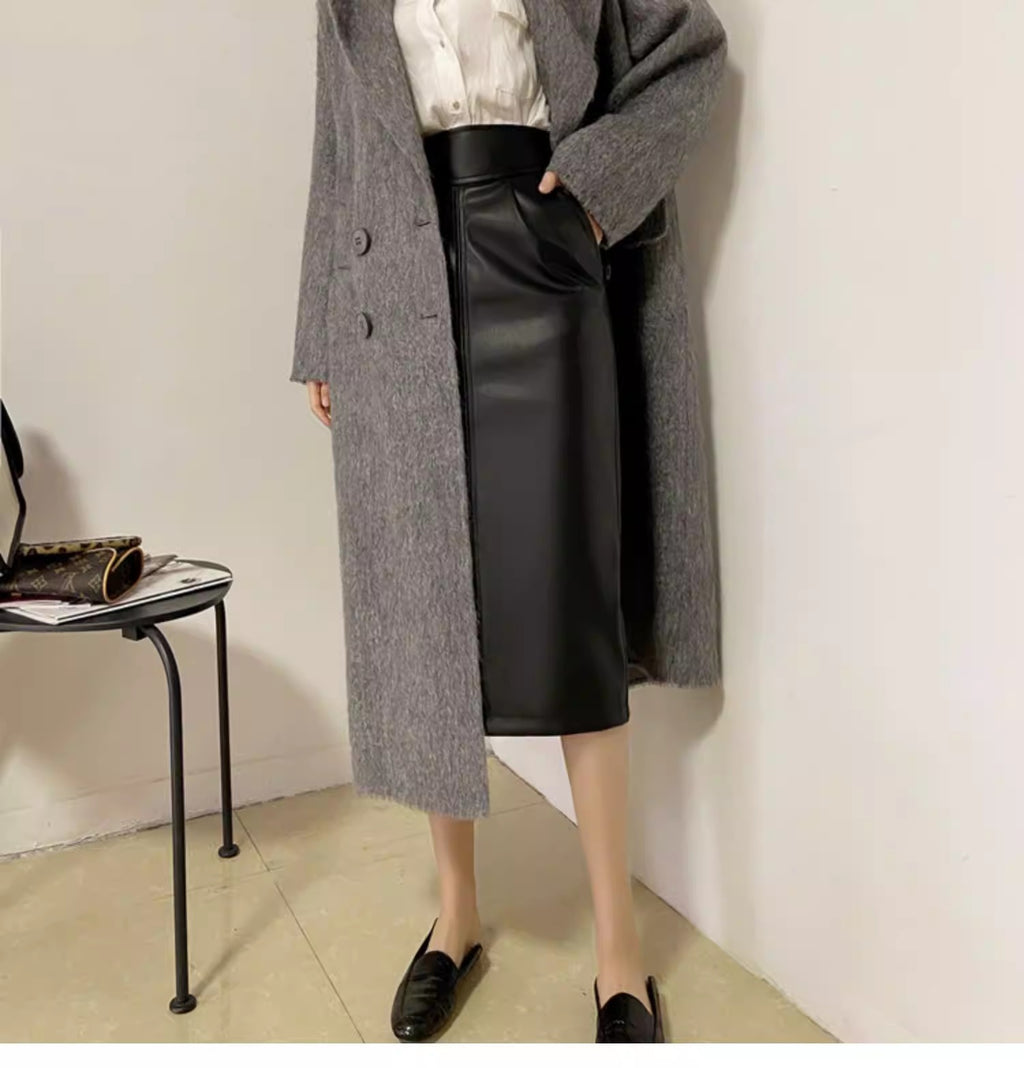 PU Slit Midi Skirt_HL3880