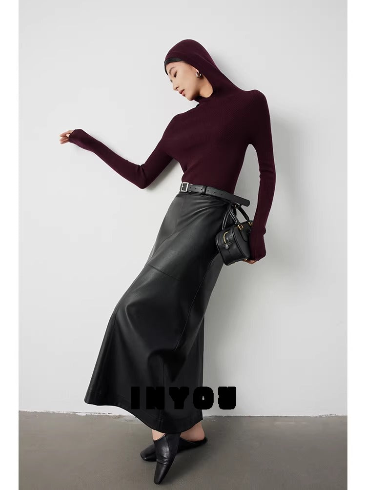 Retro high-waisted PU leather skirt_BDHL5299