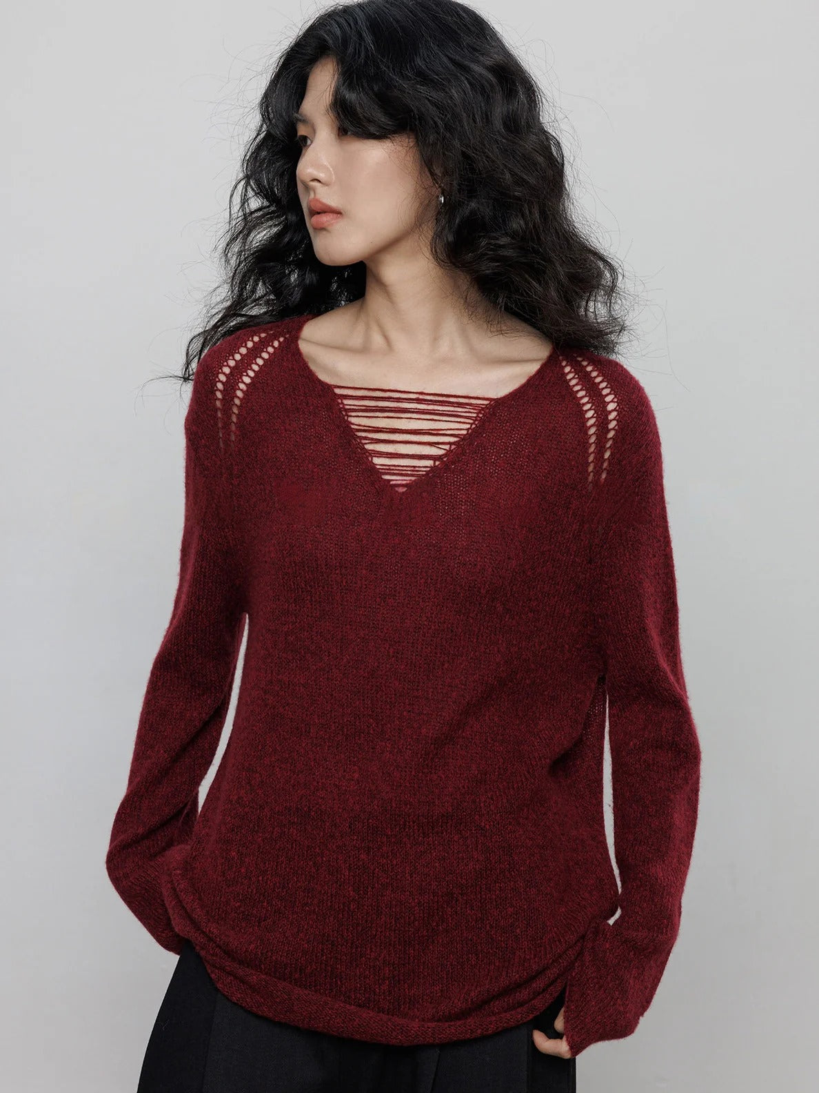 做舊V領針織上衣_BDHL8077