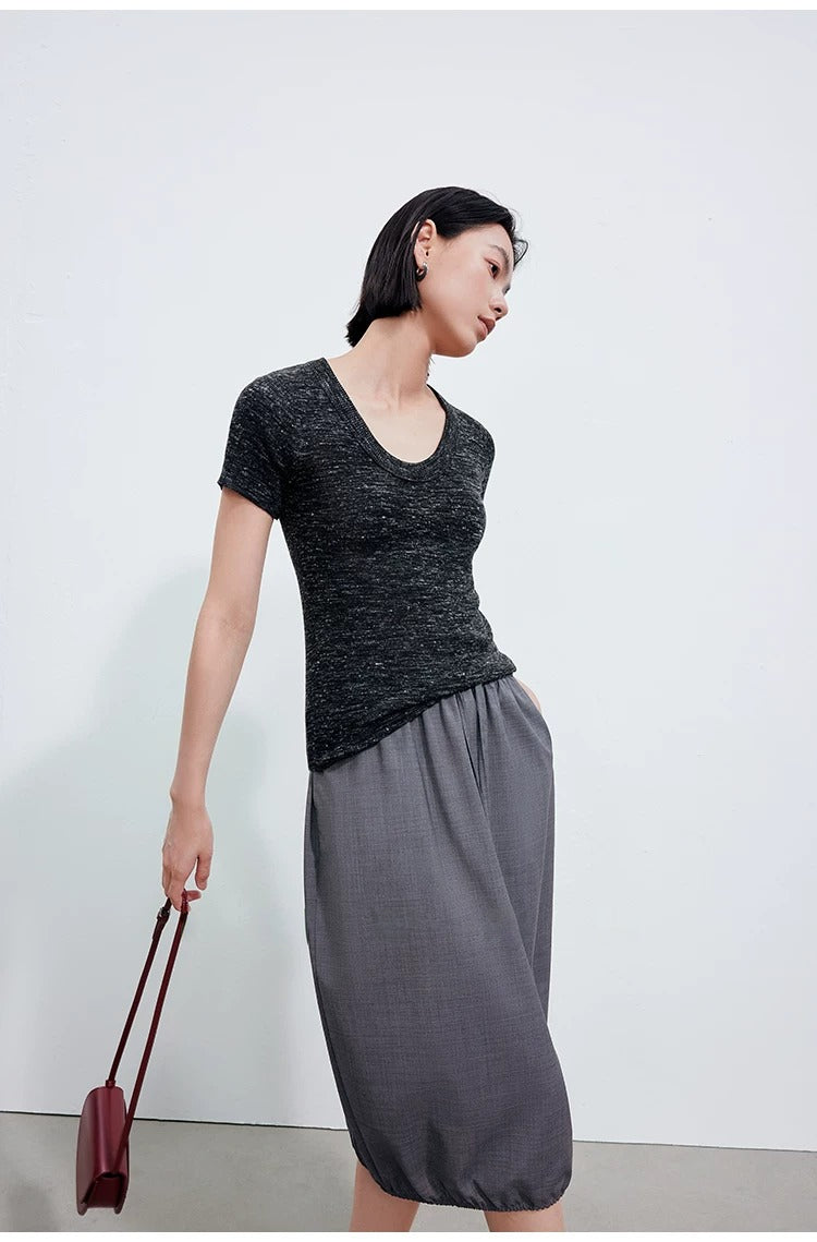 Linen Blend U-Neck Knit Tee_BDHL8347