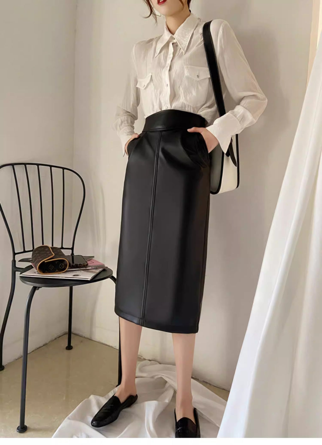 PU Slit Midi Skirt_HL3880