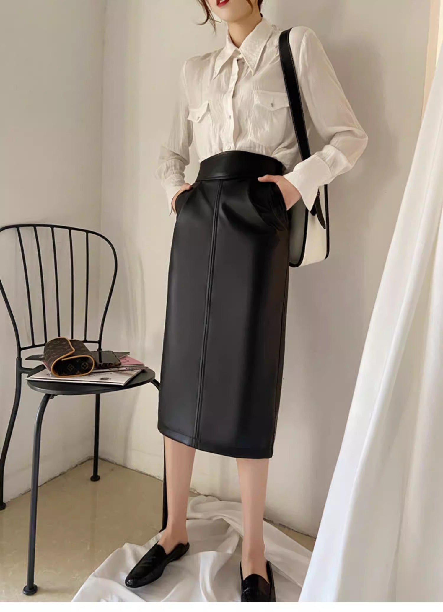 PU Slit Midi Skirt_HL3880