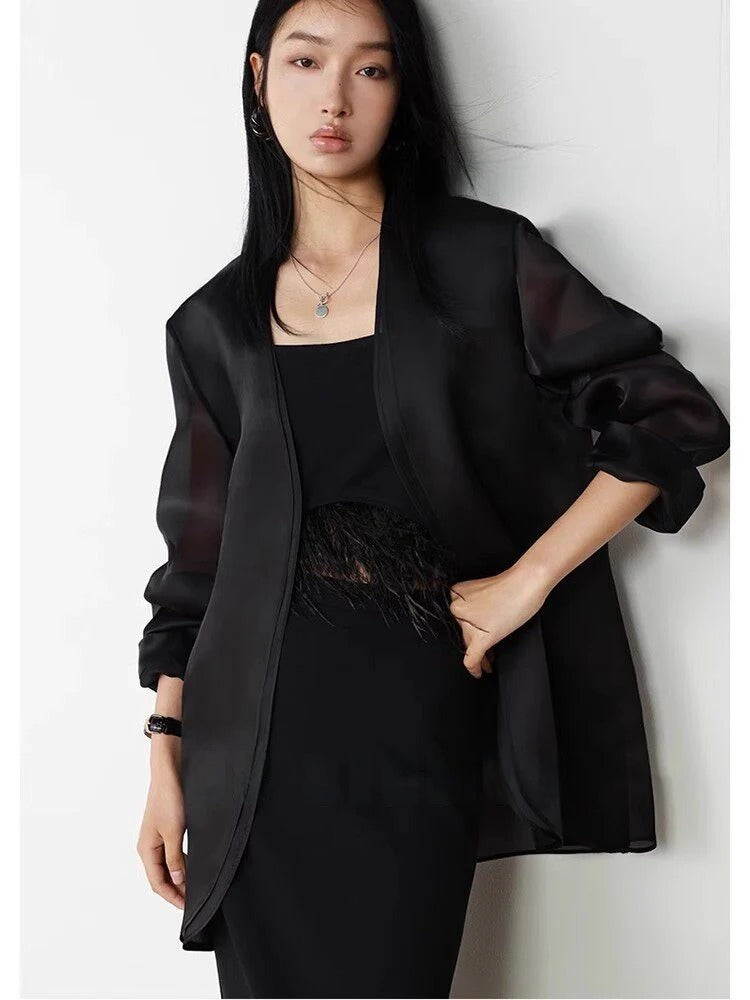 Sheer Silk Organza Collarless Long Jacket_BDHL8253