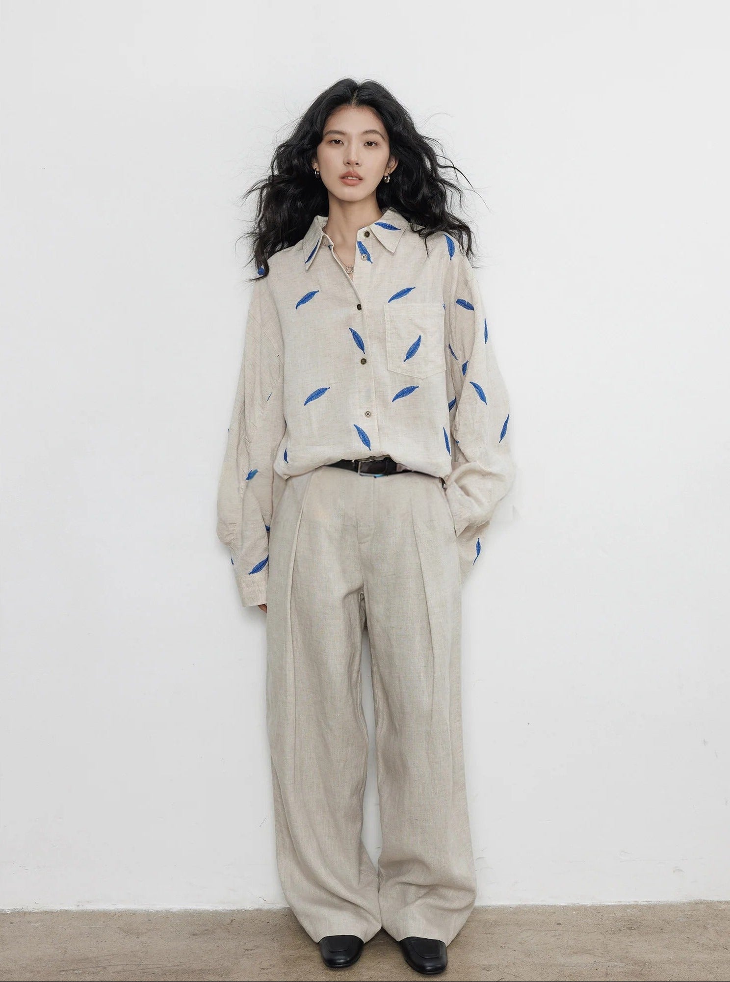Spring Tencel Ramie Long Sleeve Embroidered Shirt_BDHL8204