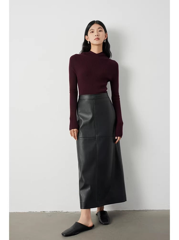 Retro high-waisted PU leather skirt_BDHL5299