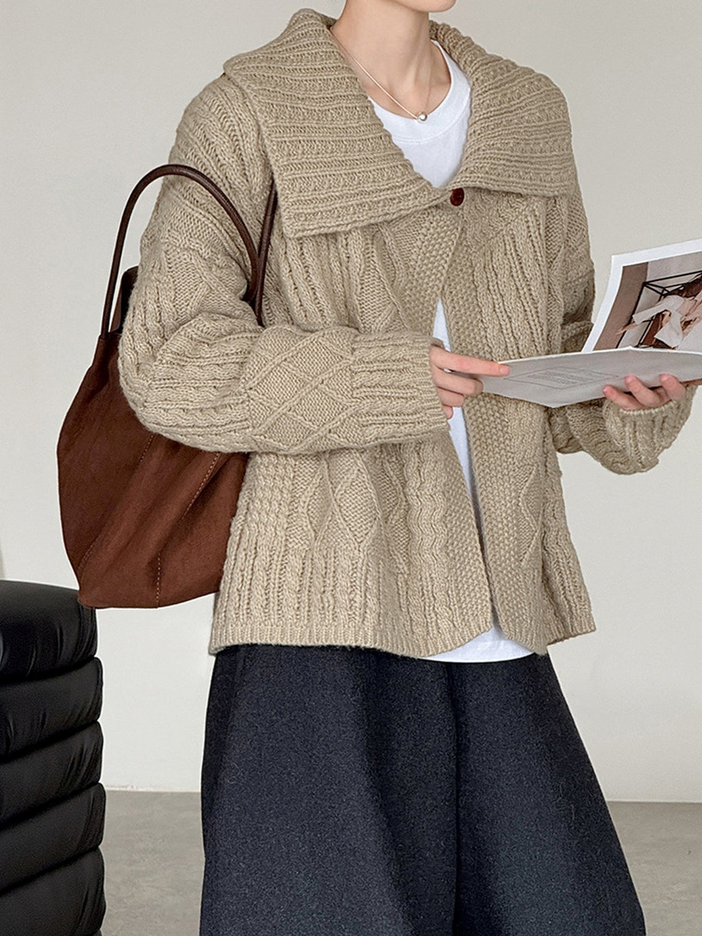 領口飾邊麻花針織開襟衫_BDHL8135