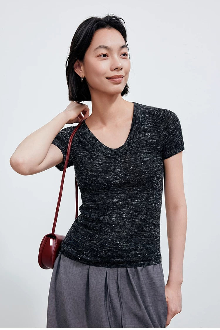 Linen Blend U-Neck Knit Tee_BDHL8347