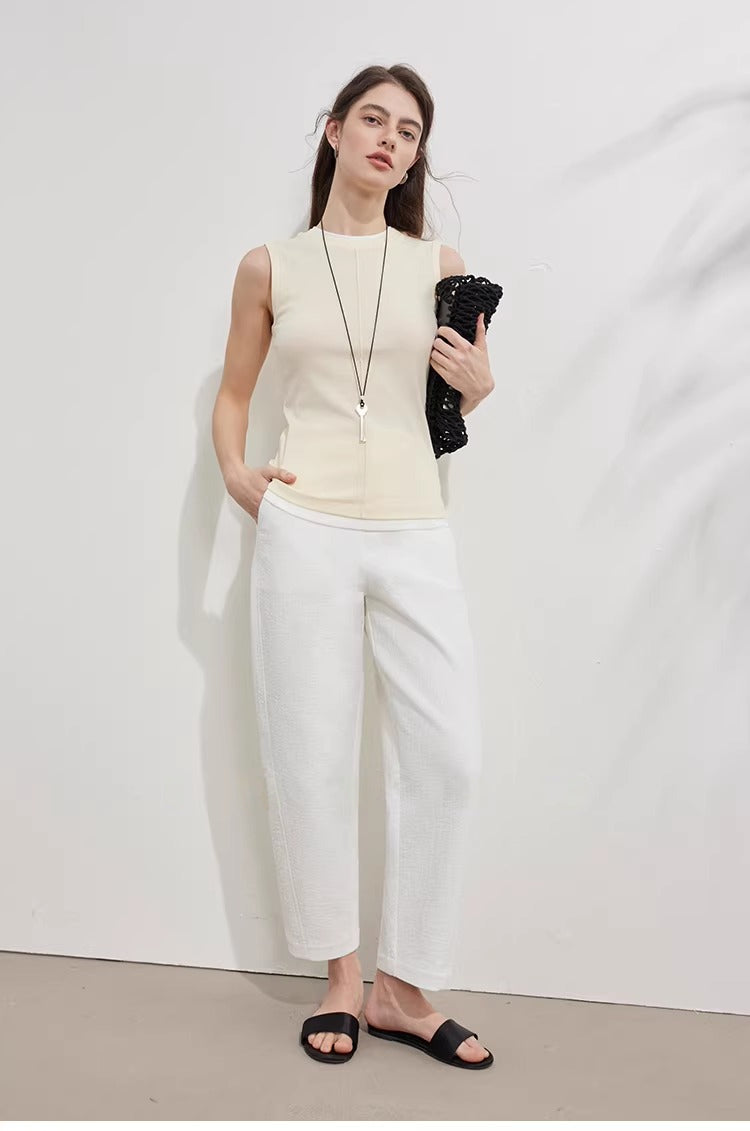 Textured Cotton High-Waist Cropped Straight Pants_BDHL8223