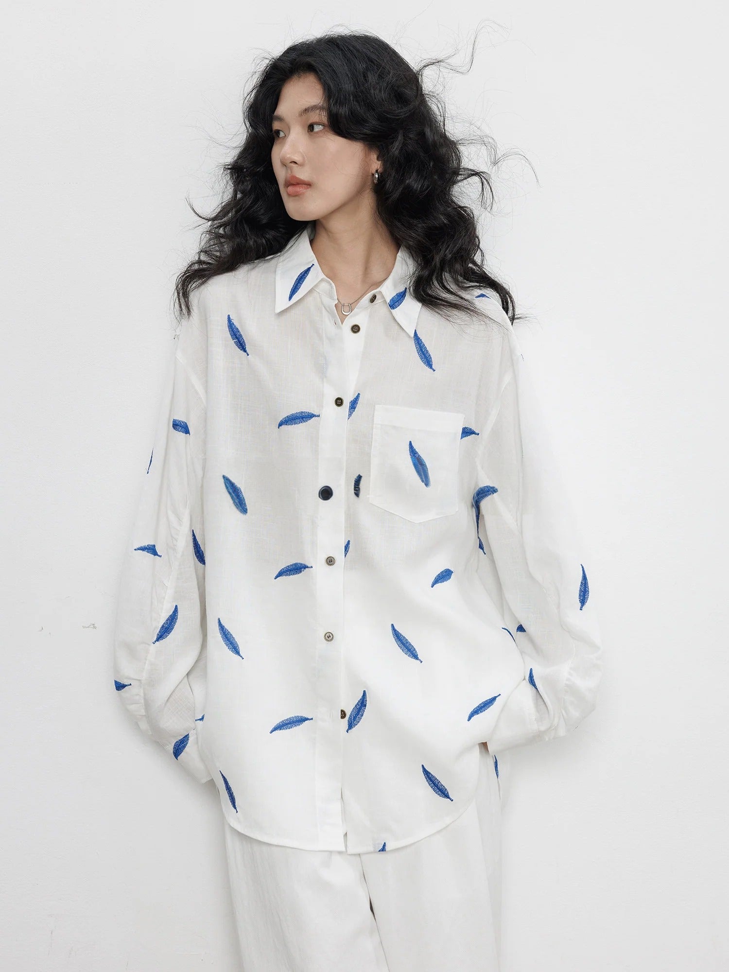 Spring Tencel Ramie Long Sleeve Embroidered Shirt_BDHL8204
