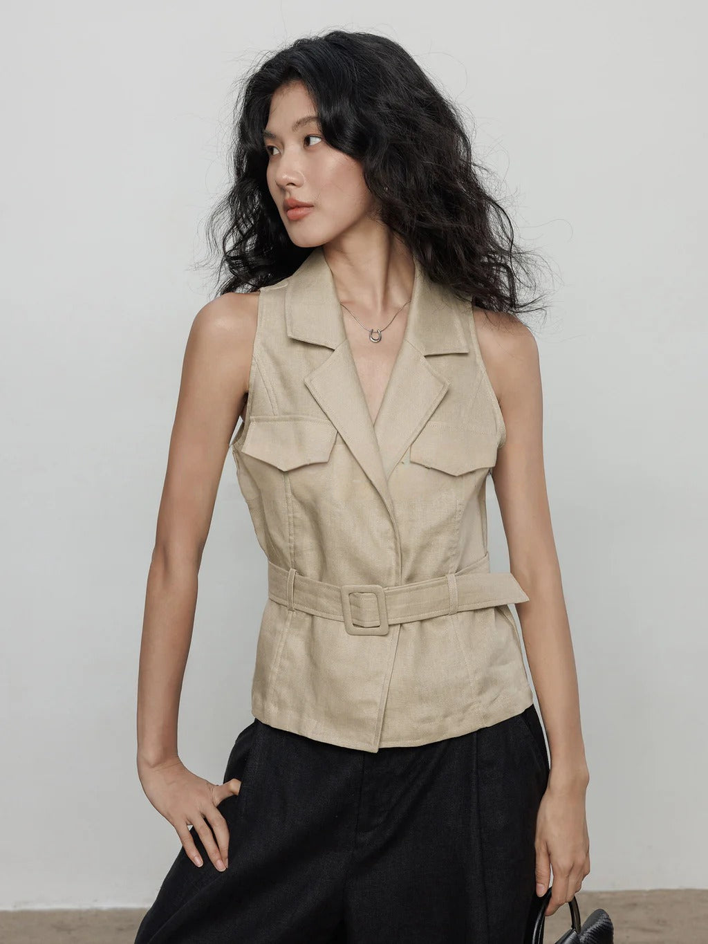 Summer Lapel Cargo Linen Vest_BDHL8202
