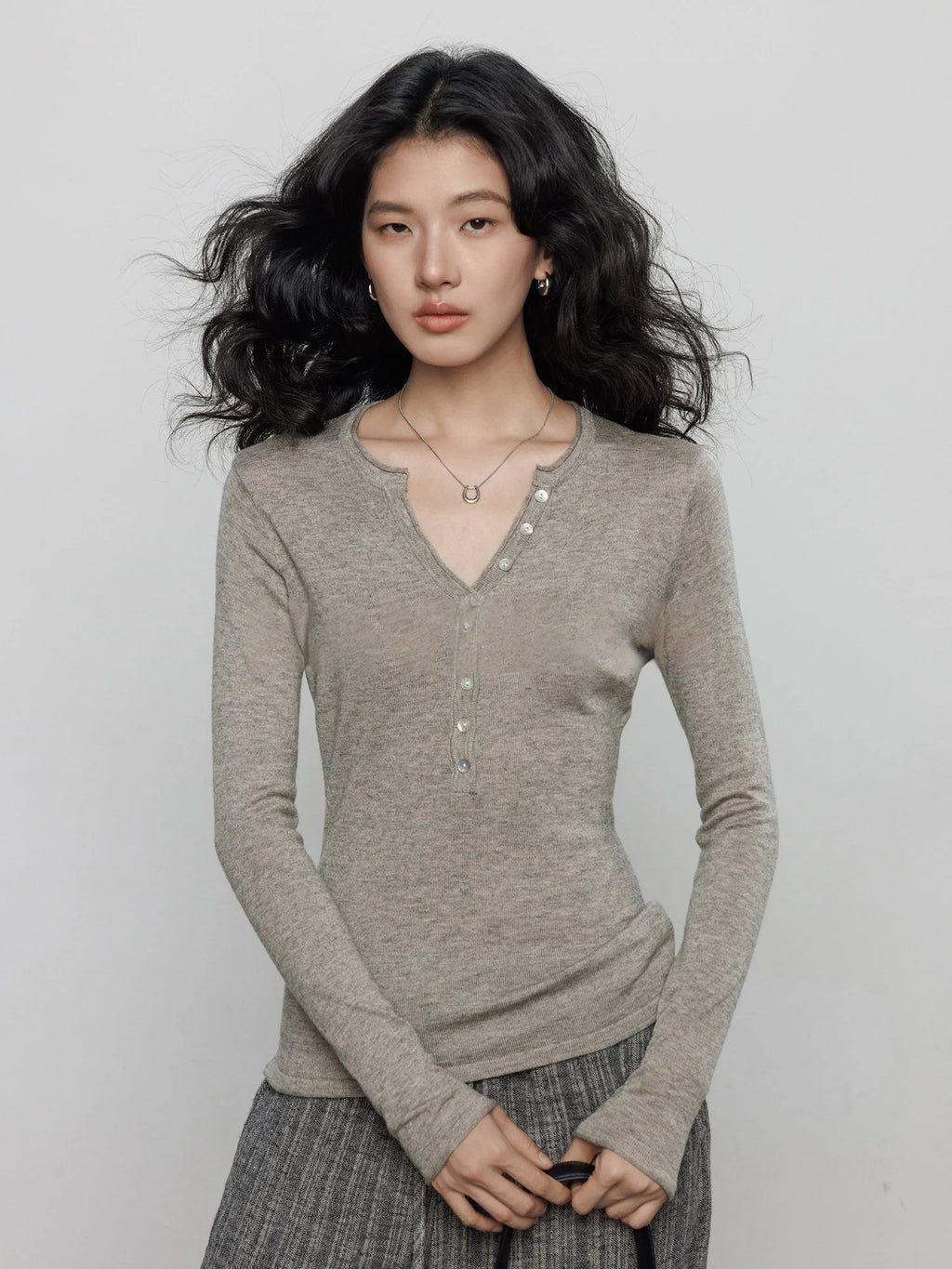 Spring Henley Neck Long Sleeve Knitted Top_BDHL8205