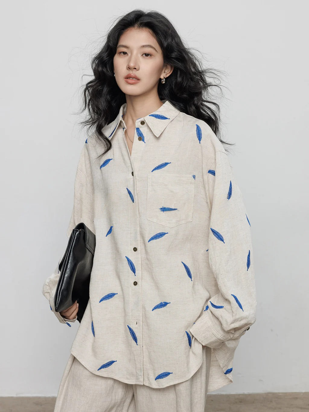 Spring Tencel Ramie Long Sleeve Embroidered Shirt_BDHL8204