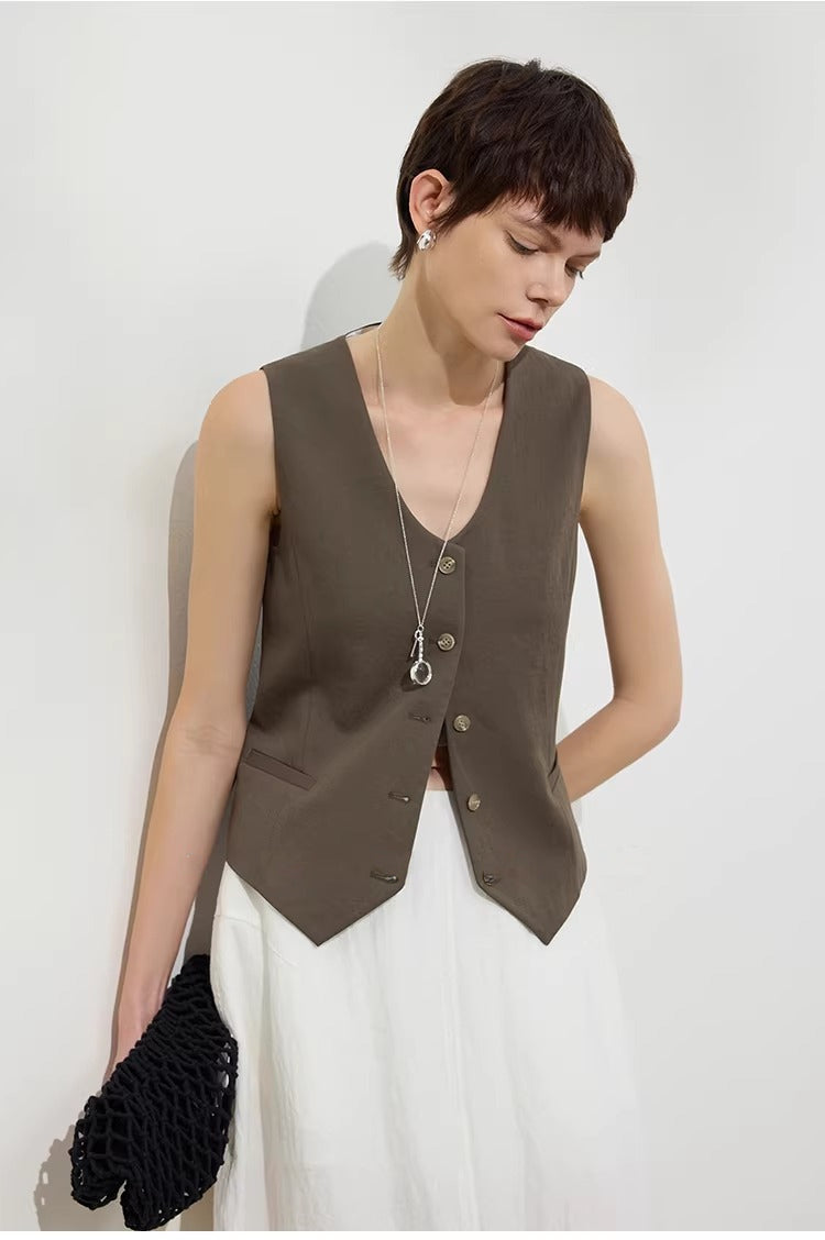 Linen Blend Fitted Teardrop Neck Sleeveless Vest Top_BDHL8226