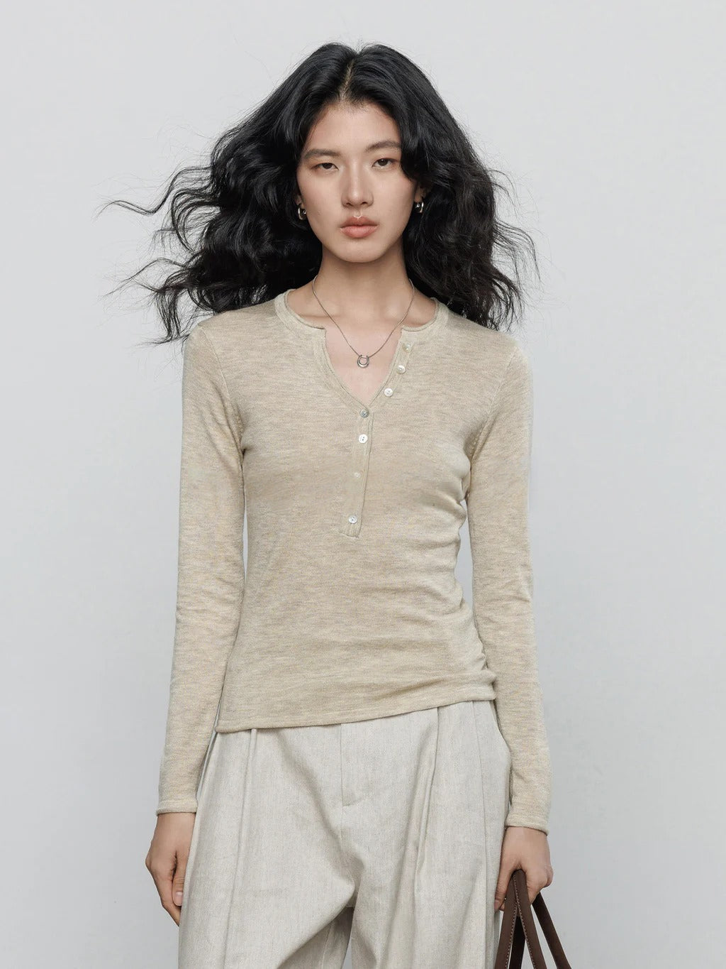 Spring Henley Neck Long Sleeve Knitted Top_BDHL8205