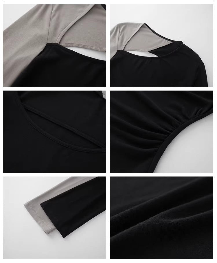 Contrast Sleeve Backless Cutout Knit Top_BDHL8243