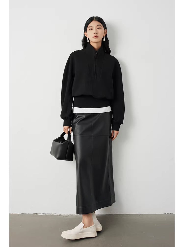Retro high-waisted PU leather skirt_BDHL5299