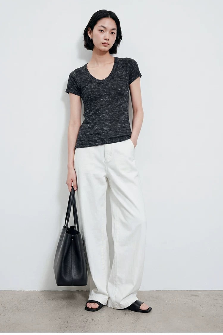 Linen Blend U-Neck Knit Tee_BDHL8347