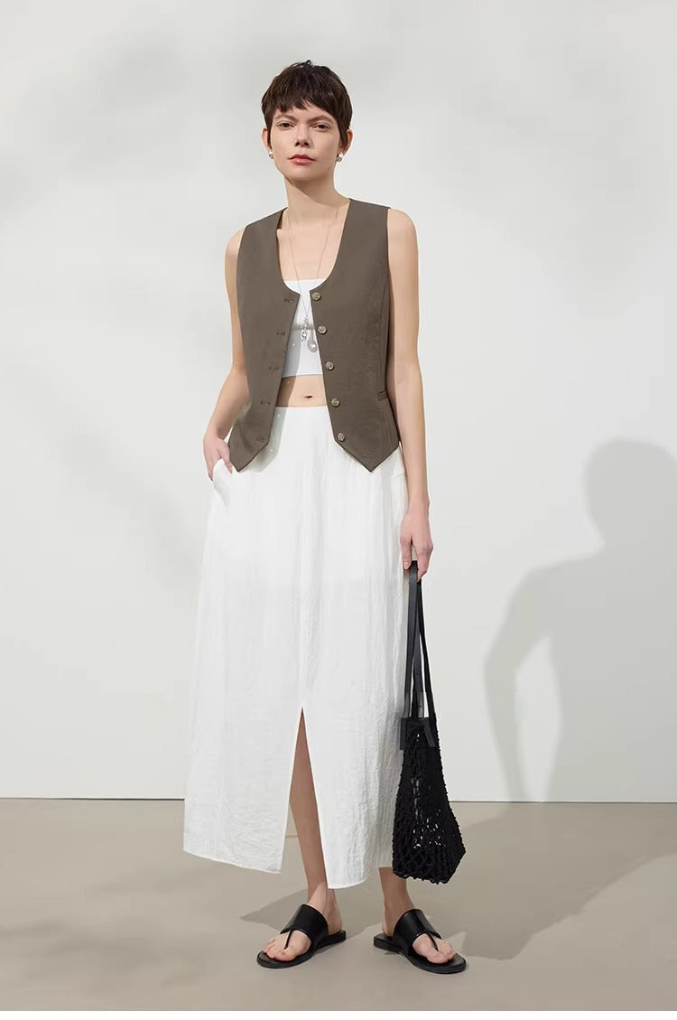 Linen Blend Fitted Teardrop Neck Sleeveless Vest Top_BDHL8226