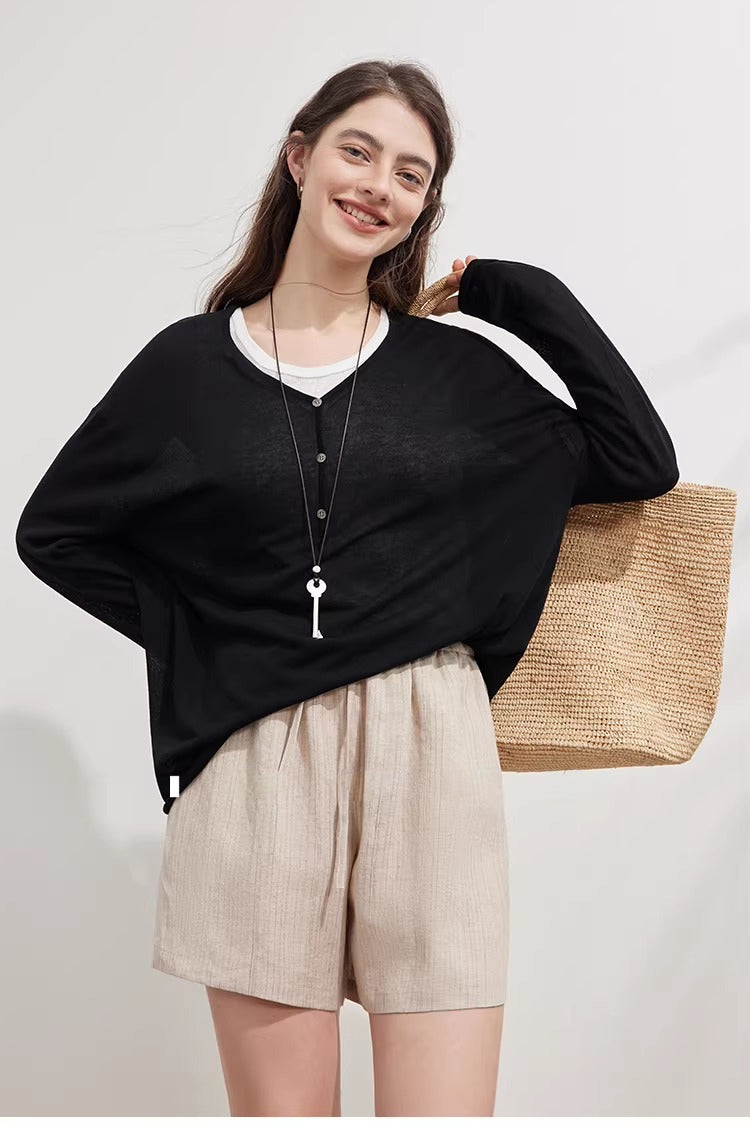 Tencel Linen Blend Relaxed Fit Long Sleeve V-Neck Knit Top_BDHL8228