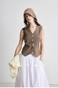 Short linen thin V-neck vest_BDHL5886
