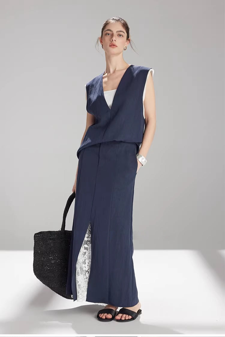 Tencel Lace-Trim Vest & Slit Skirt Set_BDHL8224