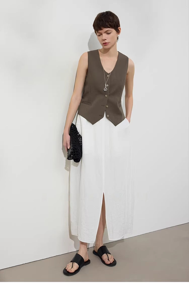 Linen Blend Fitted Teardrop Neck Sleeveless Vest Top_BDHL8226