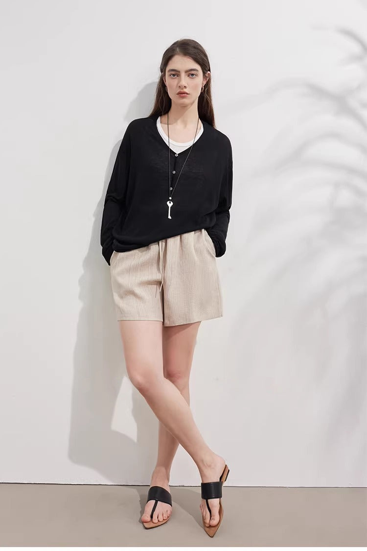 Tencel Linen Blend Relaxed Fit Long Sleeve V-Neck Knit Top_BDHL8228