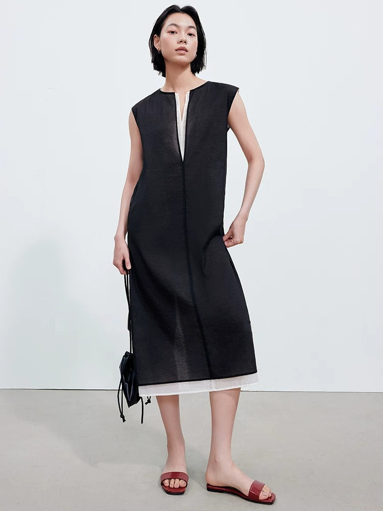 Double-Layer Color-Block Sleeveless Dress_BDHL8329