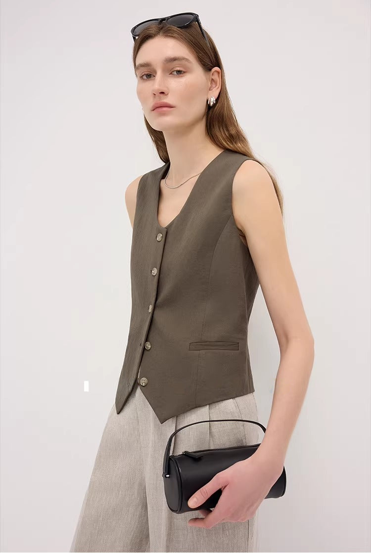Linen Blend Fitted Teardrop Neck Sleeveless Vest Top_BDHL8226
