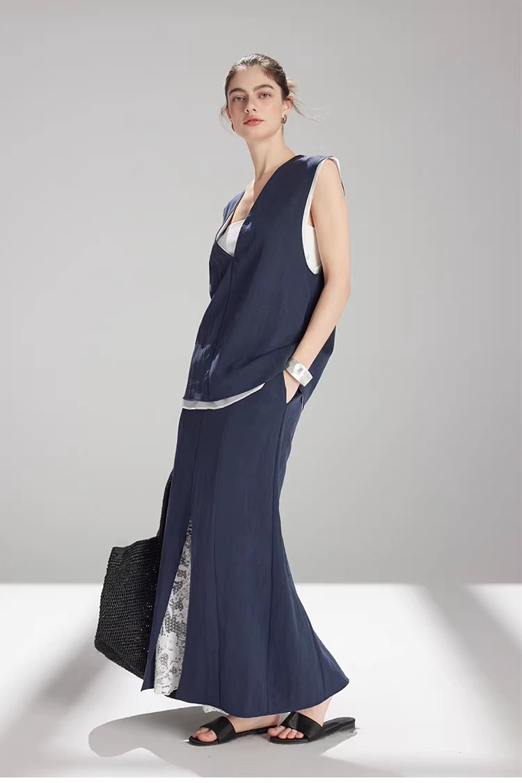 Tencel Lace-Trim Vest & Slit Skirt Set_BDHL8224