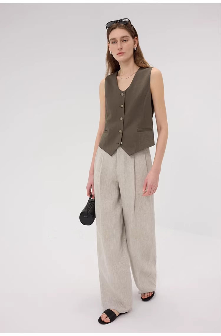 Linen Blend Fitted Teardrop Neck Sleeveless Vest Top_BDHL8226