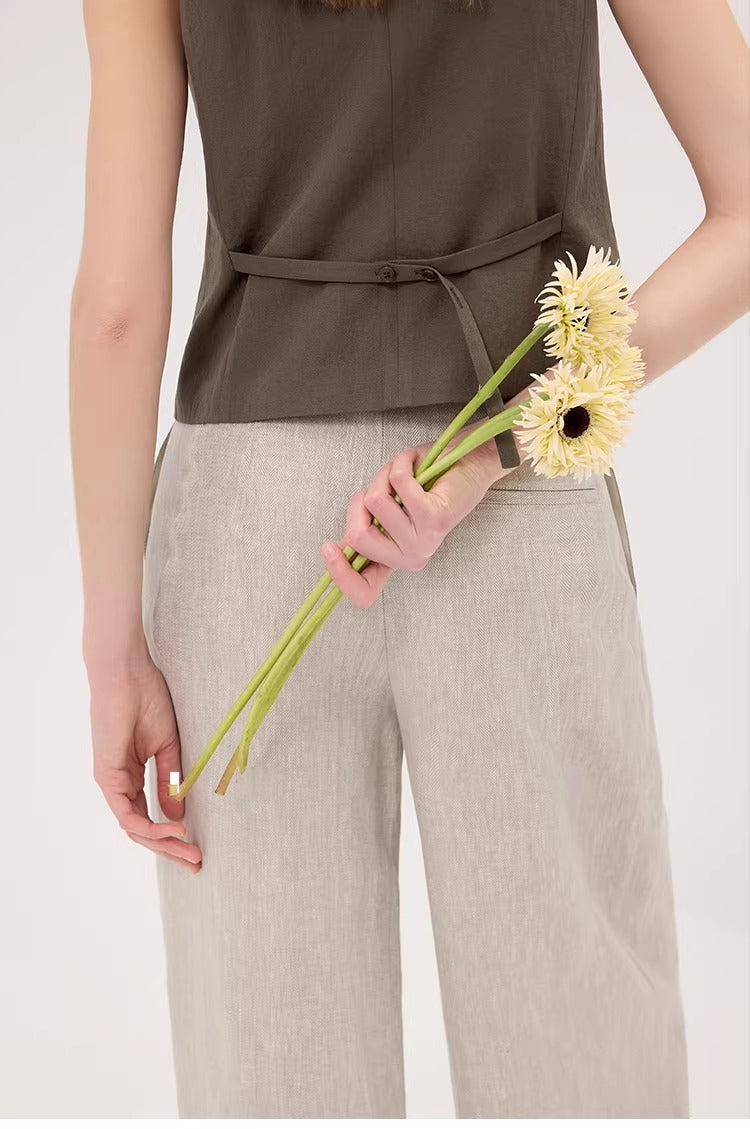 Linen Blend Fitted Teardrop Neck Sleeveless Vest Top_BDHL8226