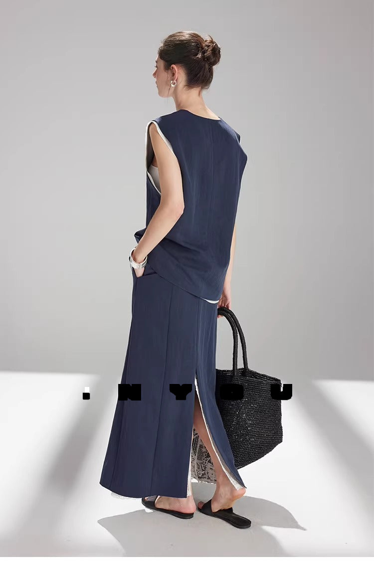 Tencel Lace-Trim Vest & Slit Skirt Set_BDHL8224