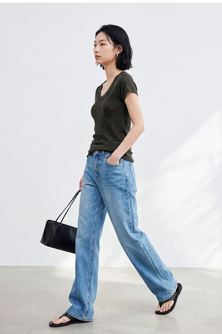 Linen Blend U-Neck Knit Tee_BDHL8347