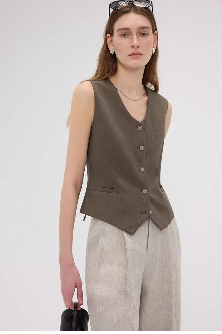 Linen Blend Fitted Teardrop Neck Sleeveless Vest Top_BDHL8226