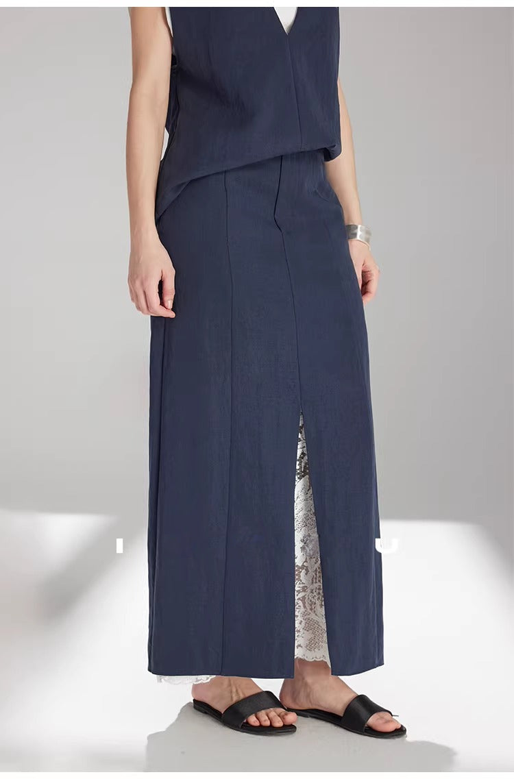 Tencel Lace-Trim Vest & Slit Skirt Set_BDHL8224