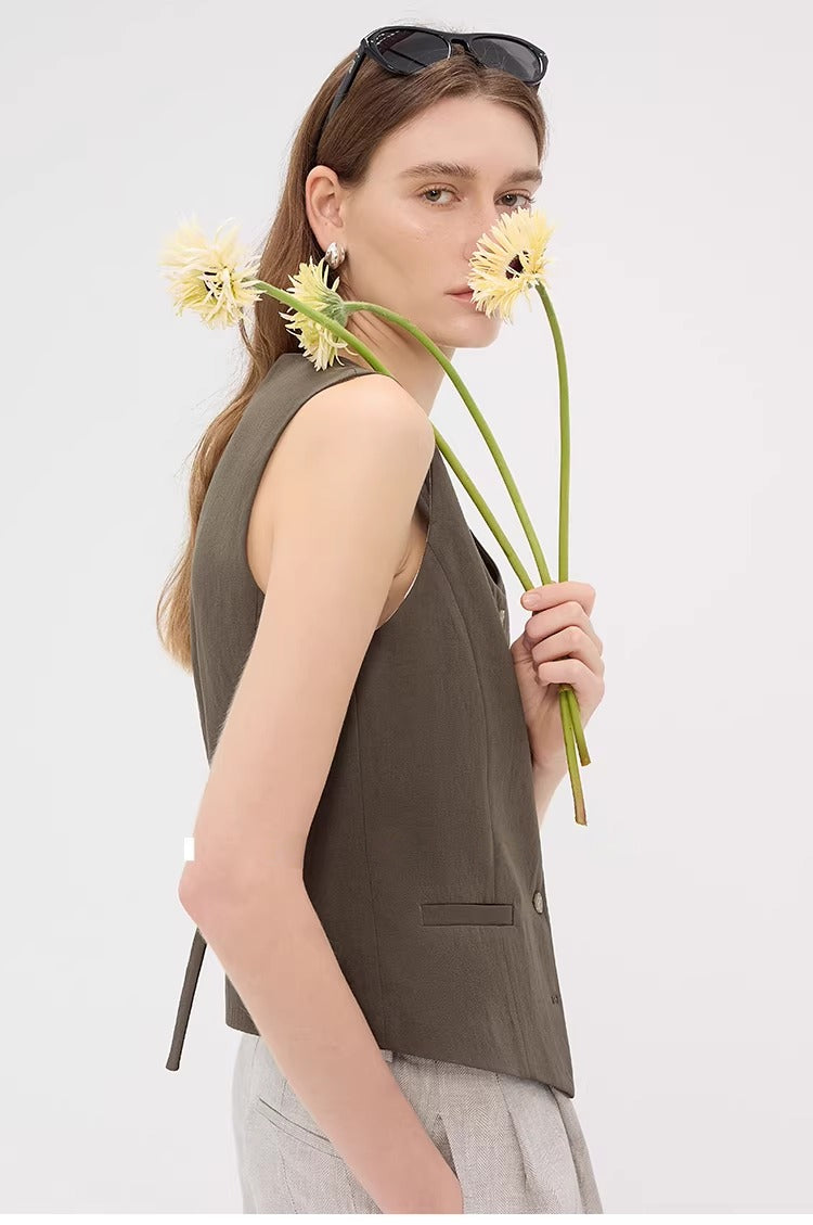 Linen Blend Fitted Teardrop Neck Sleeveless Vest Top_BDHL8226