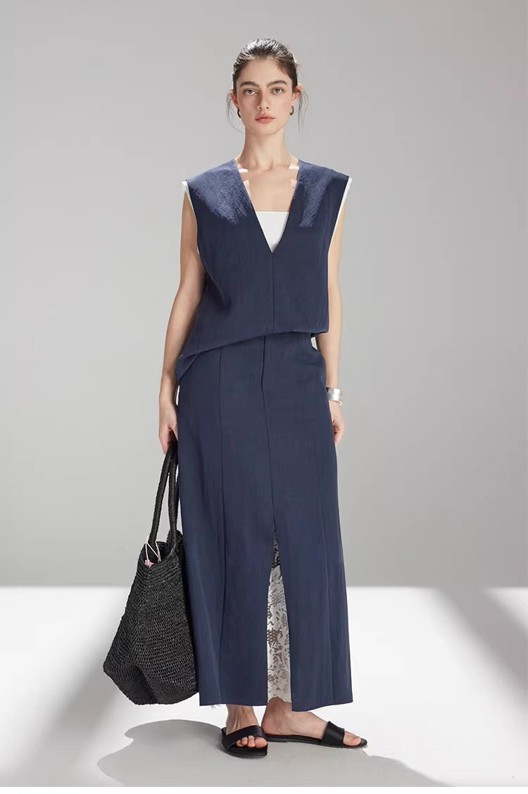 Tencel Lace-Trim Vest & Slit Skirt Set_BDHL8224