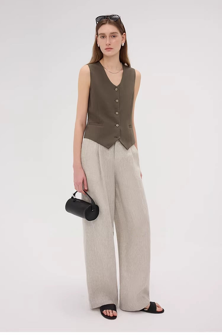 Linen Blend Fitted Teardrop Neck Sleeveless Vest Top_BDHL8226