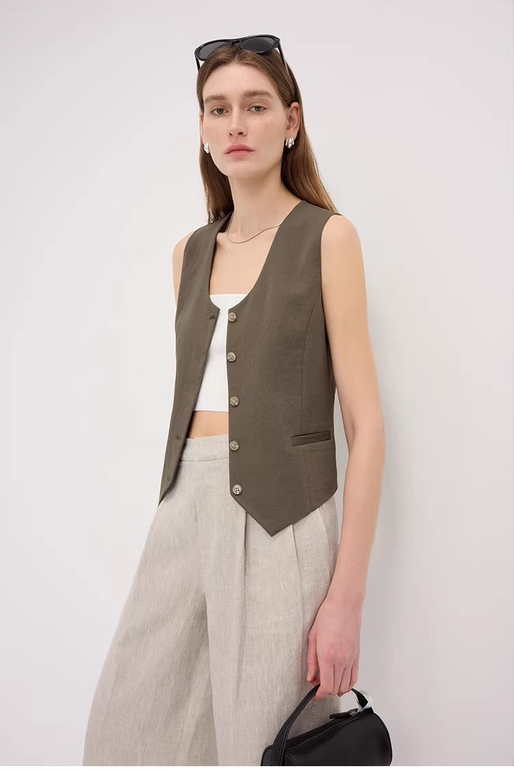 Linen Blend Fitted Teardrop Neck Sleeveless Vest Top_BDHL8226