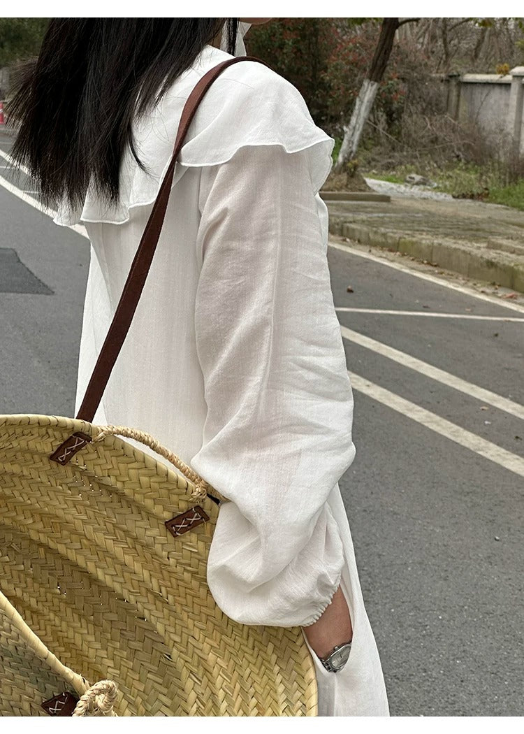 Ruffle V-neck Puff Sleeve Loose Long Dress_BDHL8262