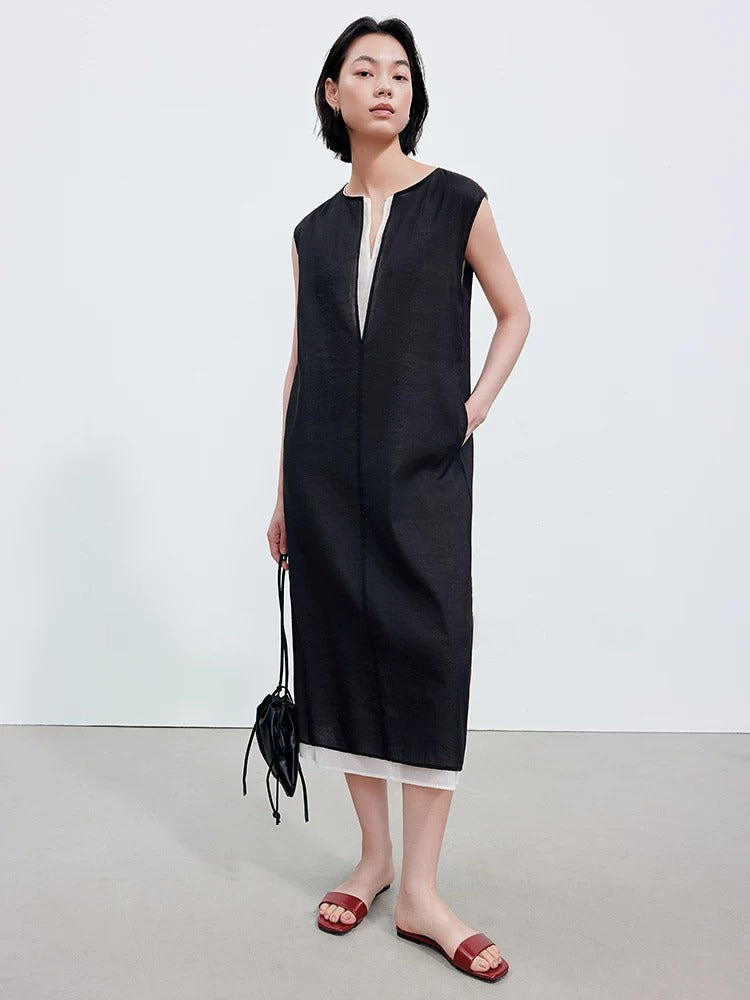 Double-Layer Color-Block Sleeveless Dress_BDHL8329
