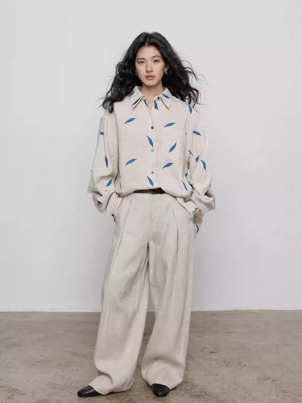 Spring Tencel Ramie Long Sleeve Embroidered Shirt_BDHL8204