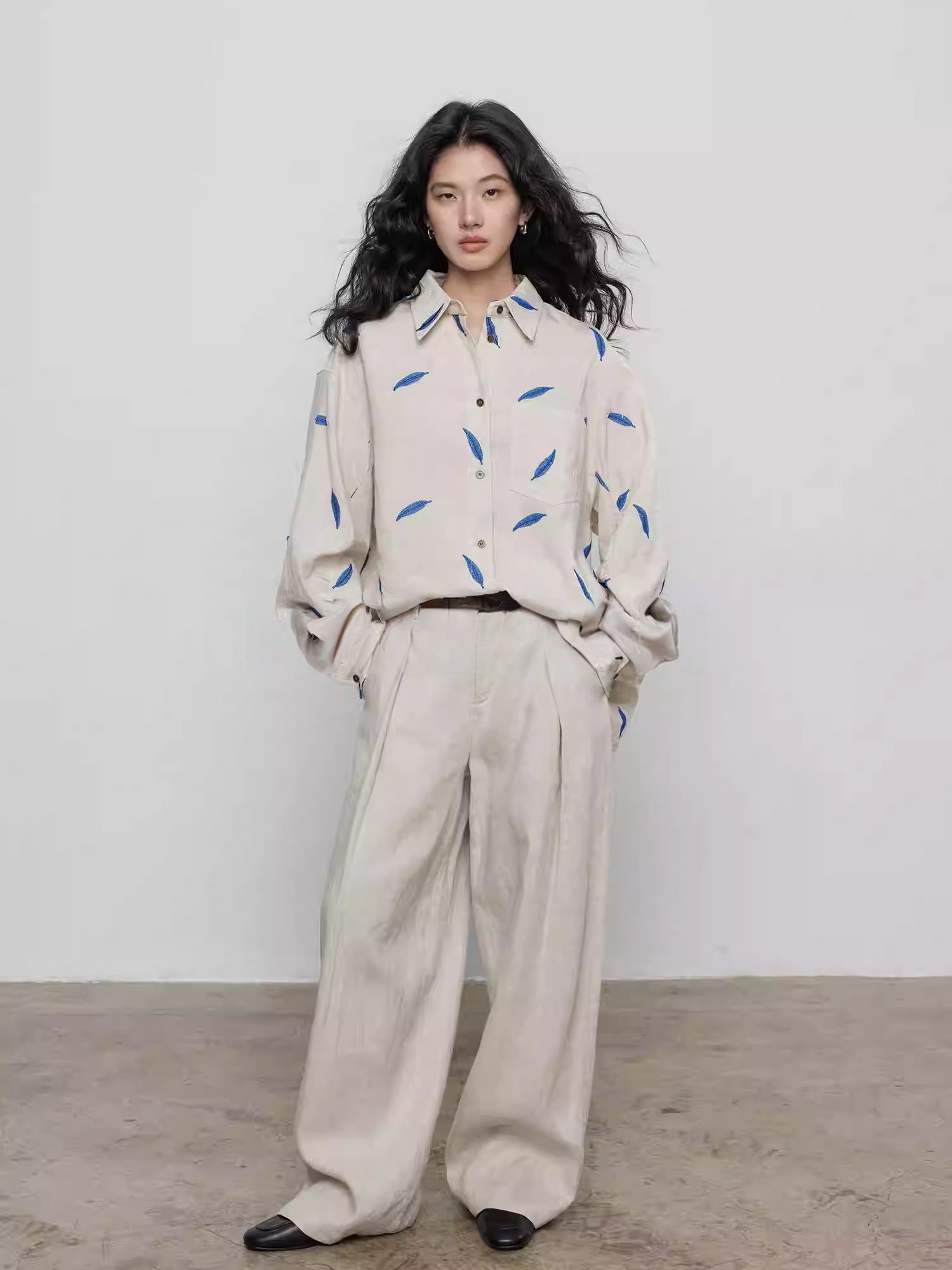 Spring Tencel Ramie Long Sleeve Embroidered Shirt_BDHL8204