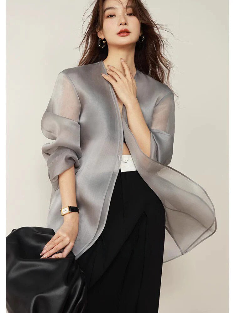 Sheer Silk Organza Collarless Long Jacket_BDHL8253