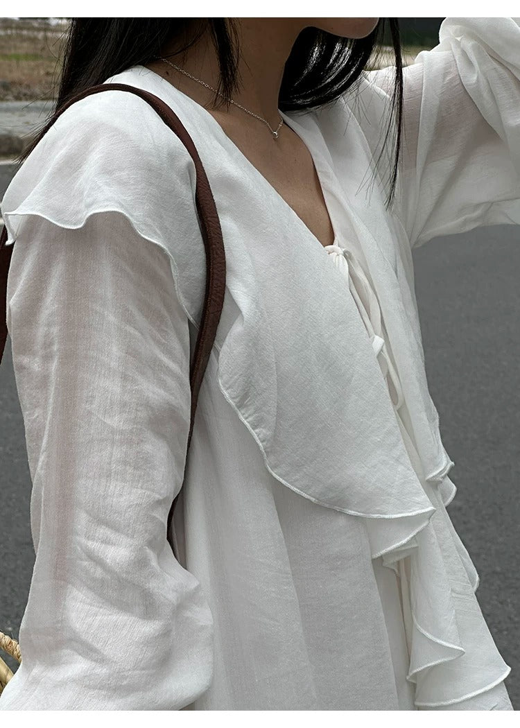 Ruffle V-neck Puff Sleeve Loose Long Dress_BDHL8262