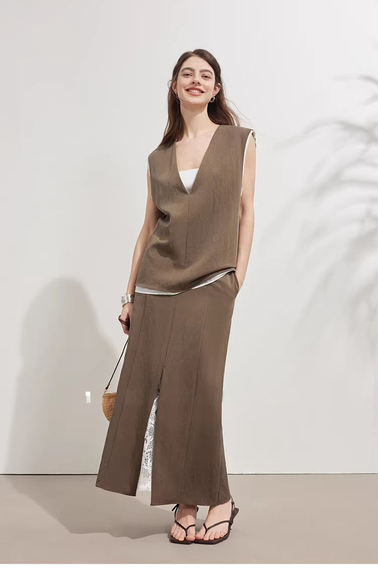 Tencel Lace-Trim Vest & Slit Skirt Set_BDHL8224